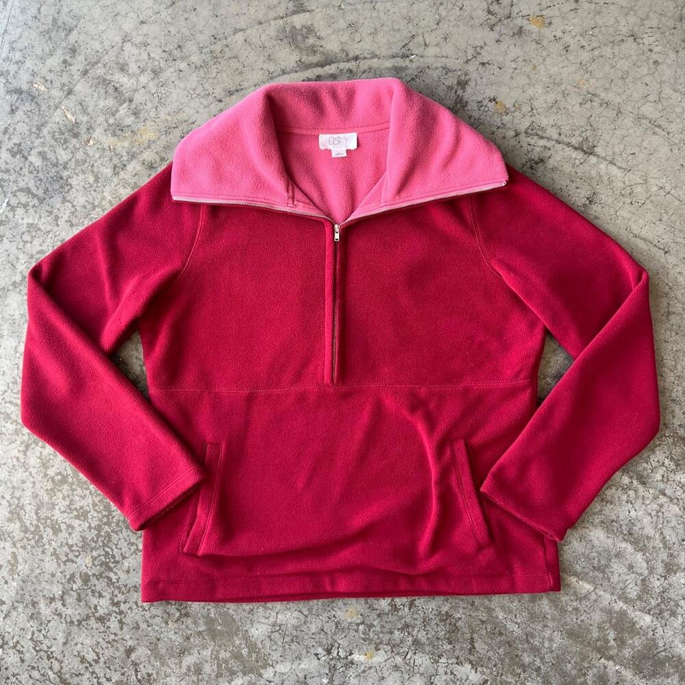Ann Taylor LOFT Quarter Zip Red Fleece Sweater Pink Two Tone Pullover Women's